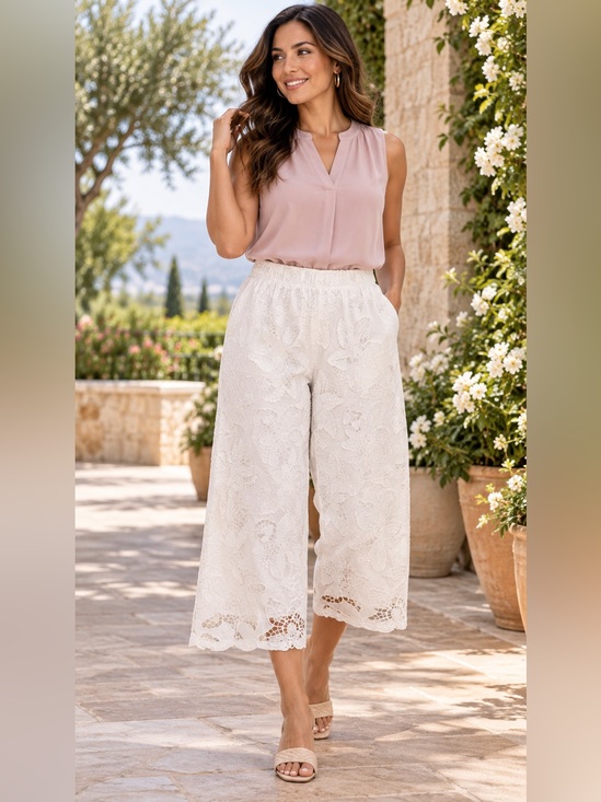 Nina Leonard Pants - Nina Leonard White Floral Cutwork Lace Wide Leg Crop Pants M